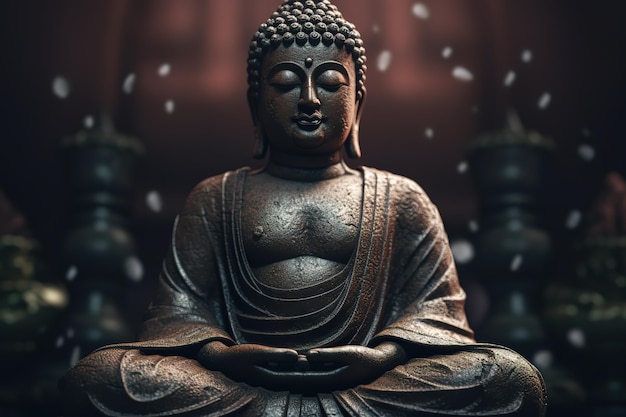 A statue of buddha with the word buddha on the left