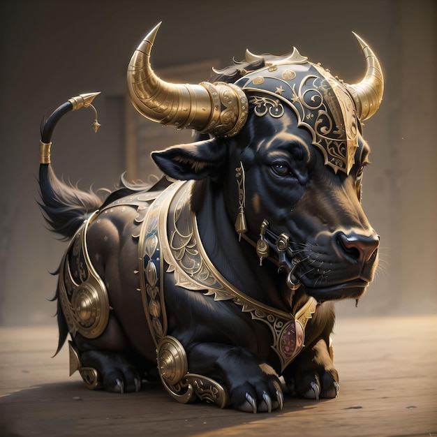 A statue of a bull with gold ornaments and a bell on it.