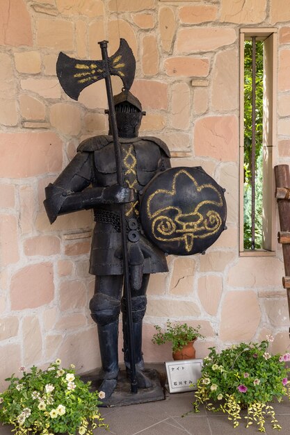 Photo statue by flowering plants against wall