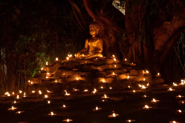 Photo statue by illuminated building at night