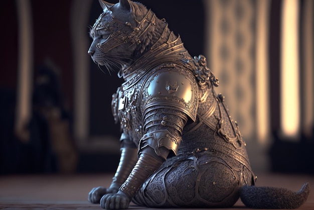 Статуя кошки с броней на ней