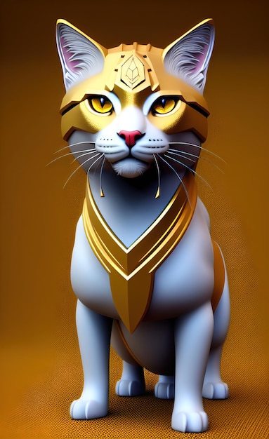 A statue of a cat with a gold crown on its head.