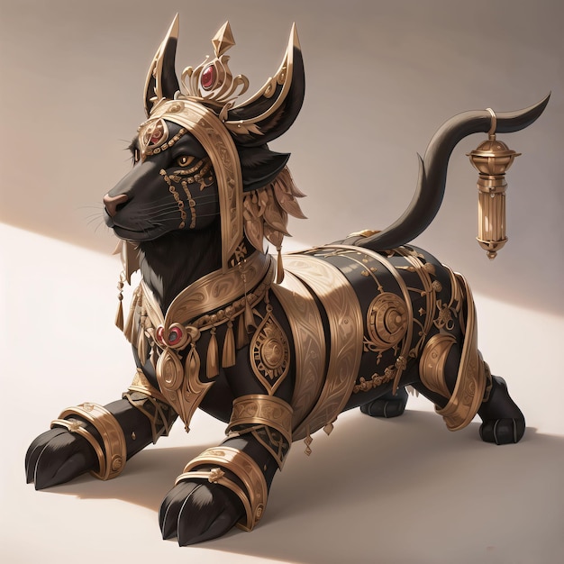 A statue of a cat with a headdress and a tail with a horn on it
