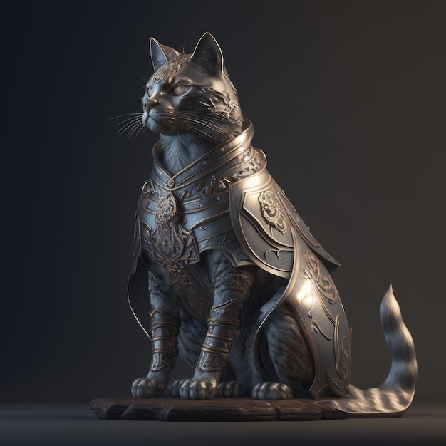 A statue of a cat with a sword and a shield on it.