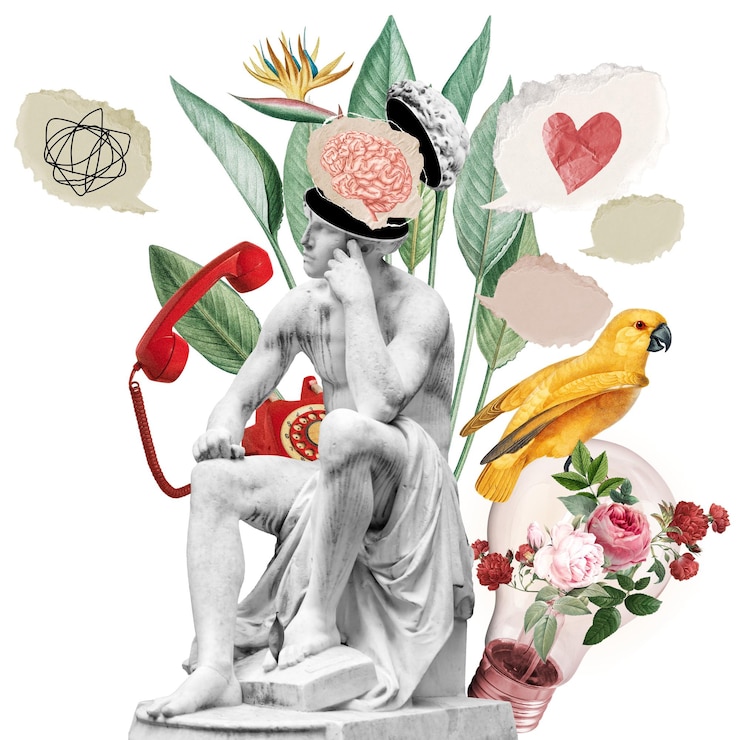 Foto statue collage png sticker vintage gemengde media doorzichtige achtergrond
