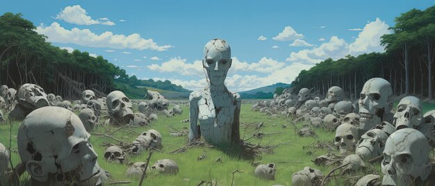 Photo a statue of a creature in a field of sheep