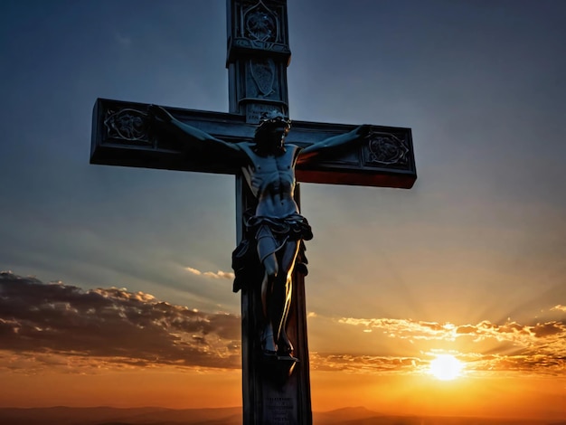 a statue of a cross with the sun setting behind it