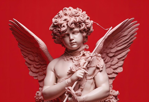 a statue of a cupid with wings on it a red surface in the style of realistic hyperdetailed portrait