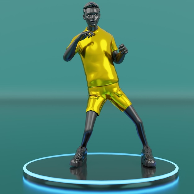 A statue of a Dark man wearing a yellow shirt and shorts A cool metaverse avatar posing for dance