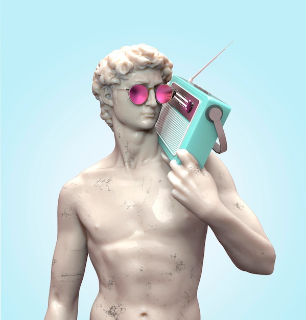 Statua del david di michelangelo con radio d'epoca e occhiali da sole rendering 3dx9