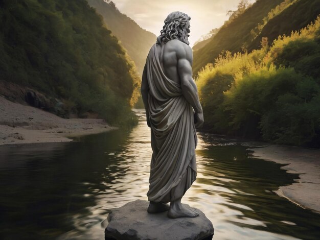 statue of deity on a rock by the river