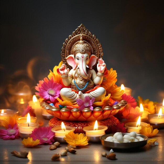 a statue of deity with candles and flowers around it