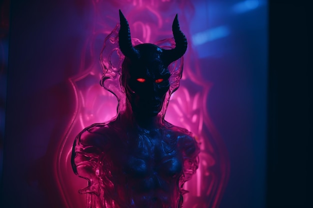 Foto una statua di un demone in una stanza buia con luci al neon