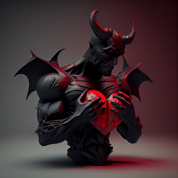 A statue of a devil with horns holds a heart in his hands.