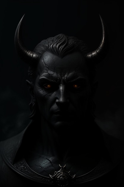 A statue of a devil with orange eyes is in the dark.