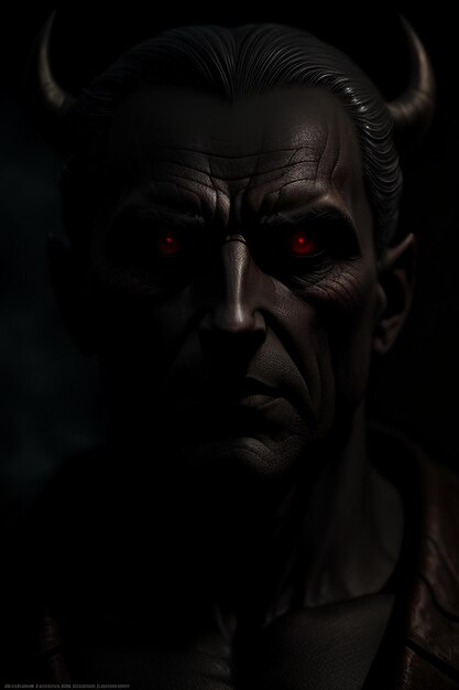 A statue of a devil with red eyes is in the dark.