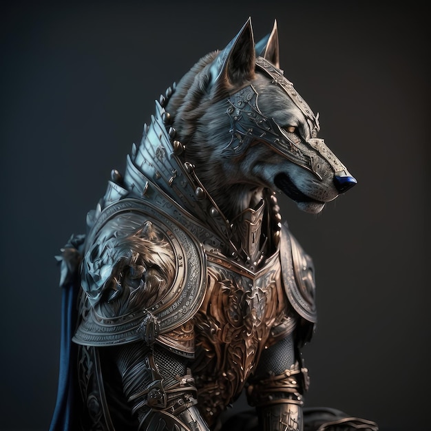 A statue of a dog wearing a metal armor.