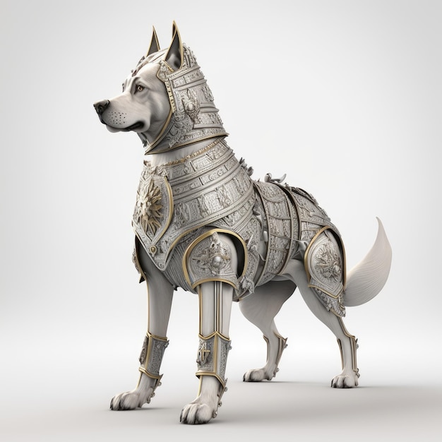 A statue of a dog wearing a suit of armor.