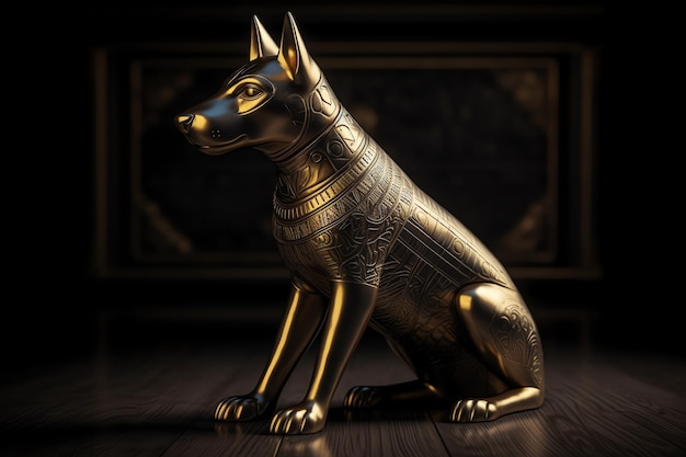 A statue of a dog with egyptian symbols on it