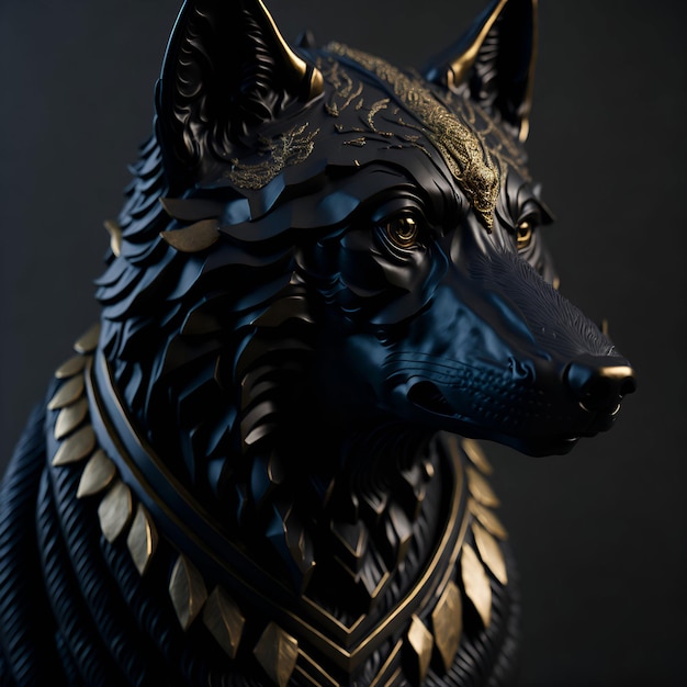 A statue of a dog with gold and black markings and the head of a wolf.