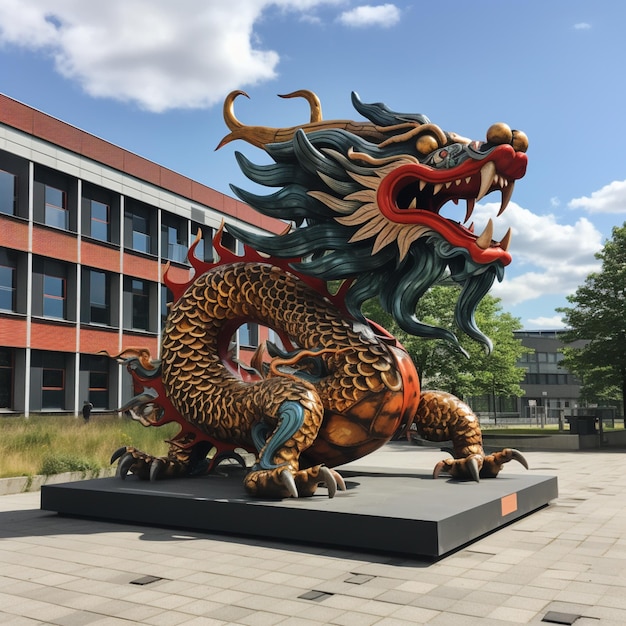 Statue of a dragon on a platform in front of a building generative ai