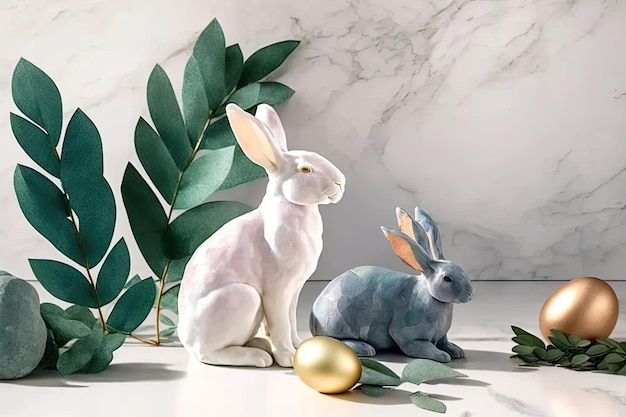 Statue of Easter bunny with green leaves with copy space for text