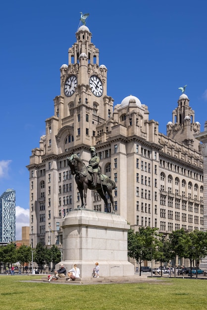 Statue of Edward VII outside the Royal Liver building in Liverpool, England