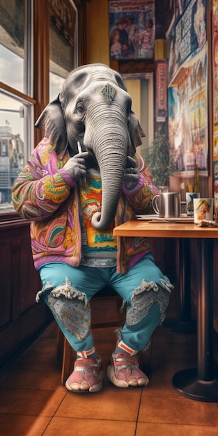 A statue of an elephant wearing a jacket and pants sits at a table in a restaurant.