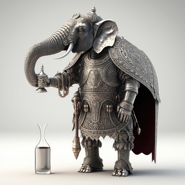양복과 검을 두른 코끼리 조각상.