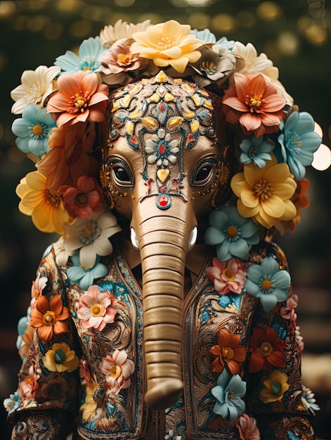 a statue of an elephant with flowers on its head