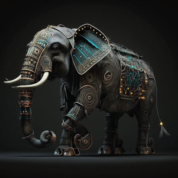 A statue of an elephant with a pattern on its body and the word elephant on it.