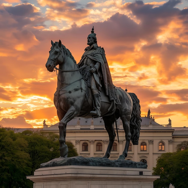 The statue of Emperor Franz Joseph I of Austria in front of Hofburg Palace at sunset