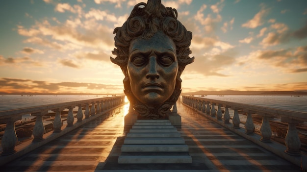 A statue of a face on a pier with a sunset in the background