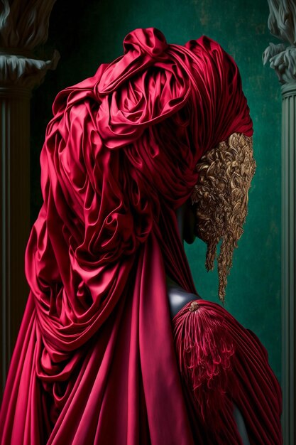A statue of a Faceless goddess with draped high end luxurious fabric for couture fashion design