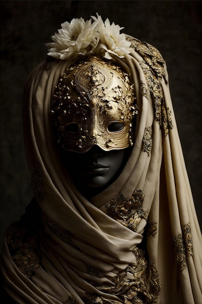A statue of a Faceless goddess with draped high end luxurious fabric for couture fashion design