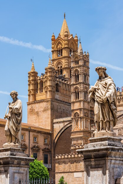 Statue facing Palermo Cathedral, Sicily