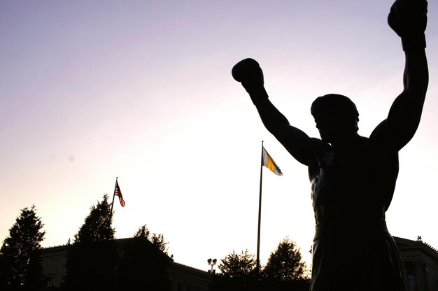 Statue and flags against sky