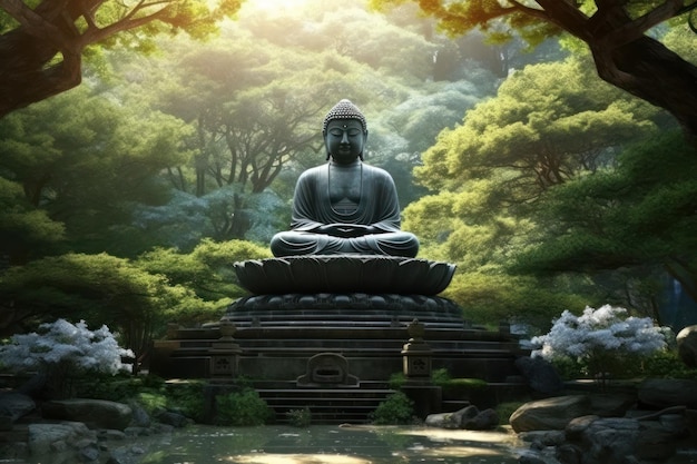 A statue in a forest with a green background and the word buddha on it.