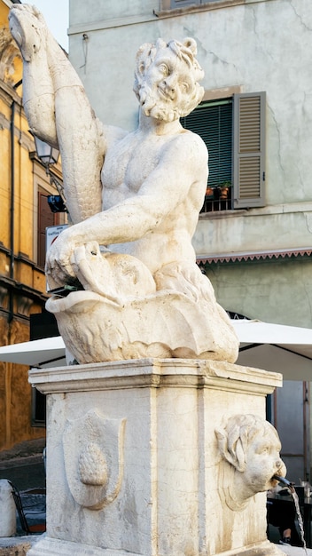 イタリアのロンバルディア州ベルガモのローワーシティのピニョーロ通りにあるイルカの噴水の像