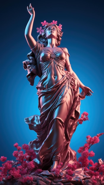 Foto la statua della libertà su fiori rosa e sfondo blu ai generativa