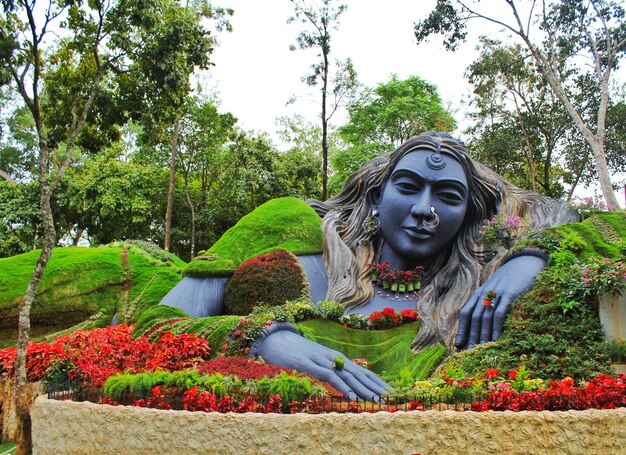 Statue in front of flowering plants in park