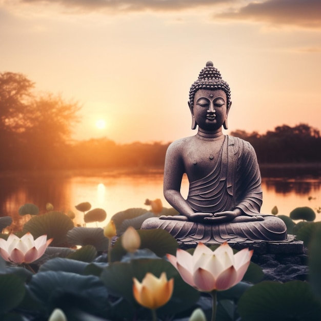 A statue in front of a pond with lotus flowers and a sunset in the background.