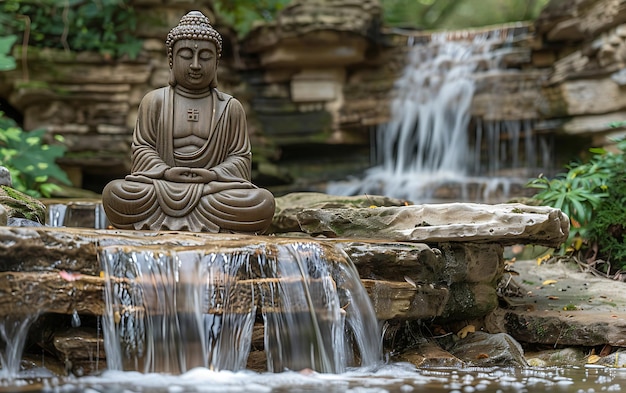 a statue in front of a waterfall with a waterfall in the background