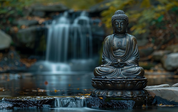 Photo a statue in front of a waterfall with a waterfall in the background