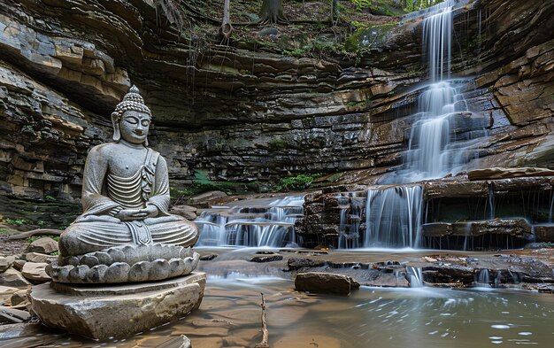 a statue in front of a waterfall with a waterfall in the background