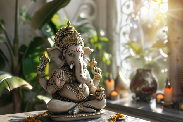 a statue of ganesha bokeh style background