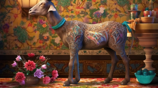 A statue of a goat with a floral wallpaper behind it.