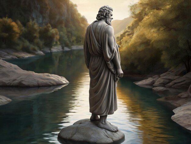 a statue of a god is on a rock in the water