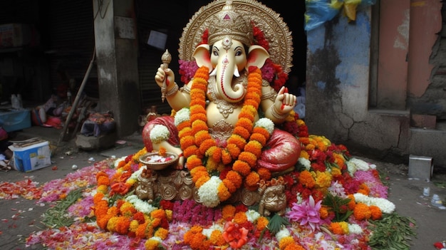 A statue of a god is surrounded by flowers and leaves.