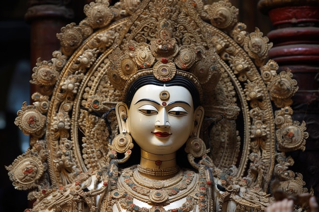 A statue of a goddess with a gold and white face